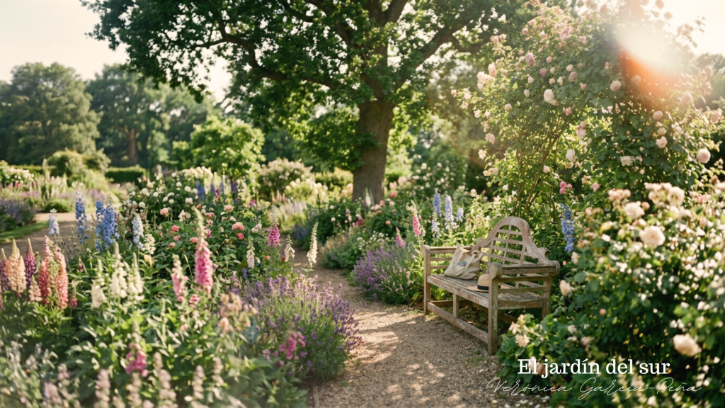 Imagen de un idílico rincón de jardín de verano en 'El jardín del sur' con un banco de madera que tiene un sombrero de paja y una bolsa, rodeado de abundantes flores (lupinos, delphiniums, rosas, lavanda) y un gran árbol bajo una cálida luz solar, para la publicación de descanso de Verónica García-Peña.
